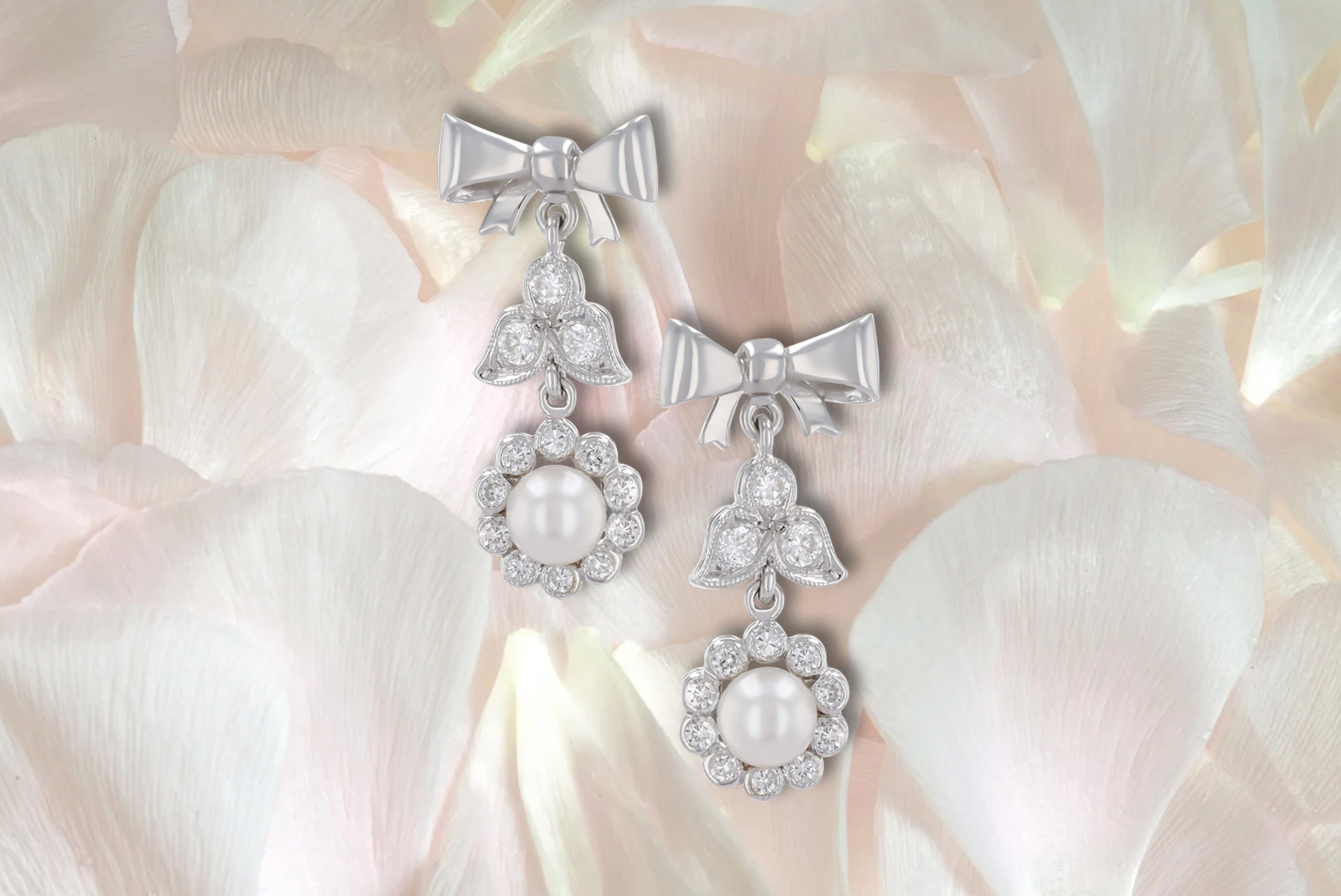 18ct White Gold Pearl & Diamond Bow Drop Earrings