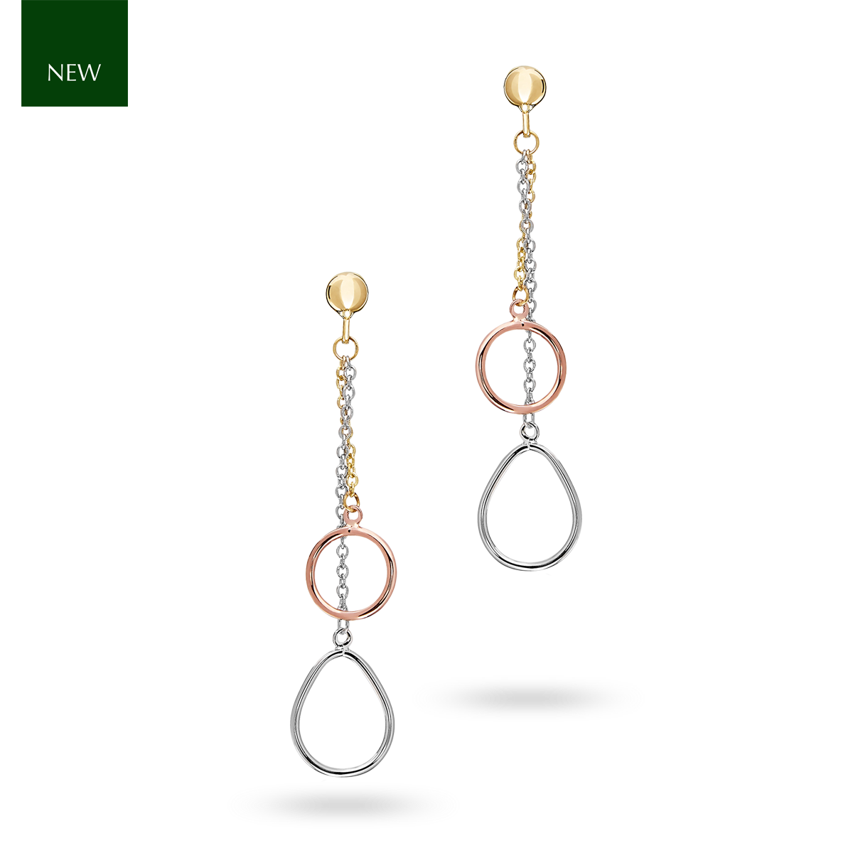 9ct Three Colour Gold Pear & Round Chain Drop Earrings