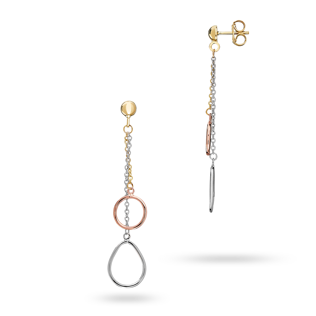 9ct Three Colour Gold Pear & Round Chain Drop Earrings