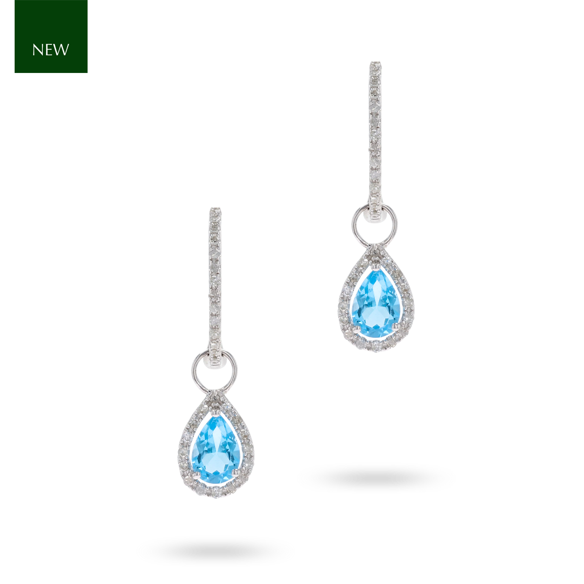9ct White Gold Pear Shaped Blue Topaz & Diamond Hoop Earrings