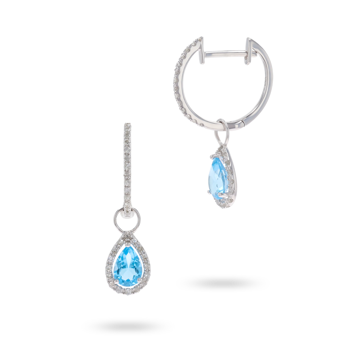 9ct White Gold Pear Shaped Blue Topaz & Diamond Hoop Earrings