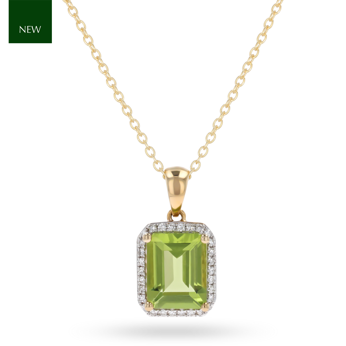 9ct Yellow Gold Octagonal Peridot & Diamond Halo Pendant & Chain