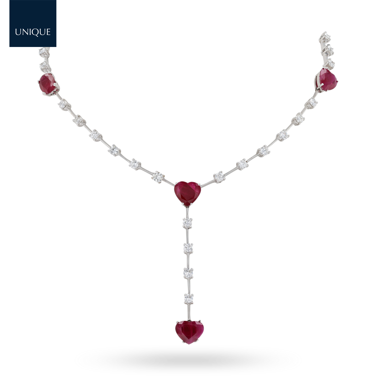 18ct White Gold Ruby & Diamond Asymmetric Rivière Necklace