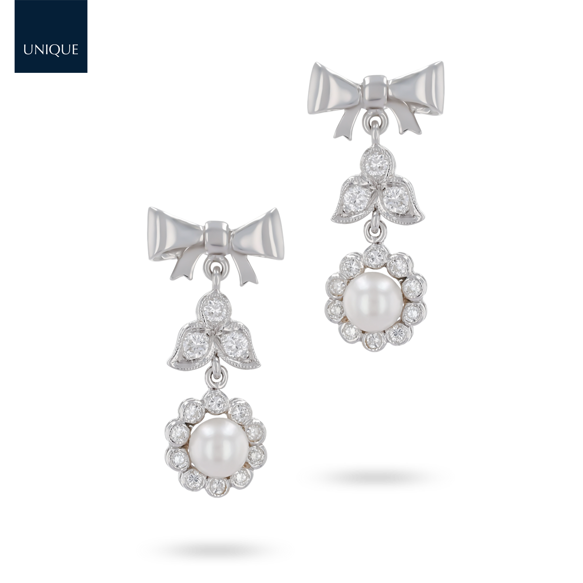 18ct White Gold Pearl & Diamond Bow Drop Earrings