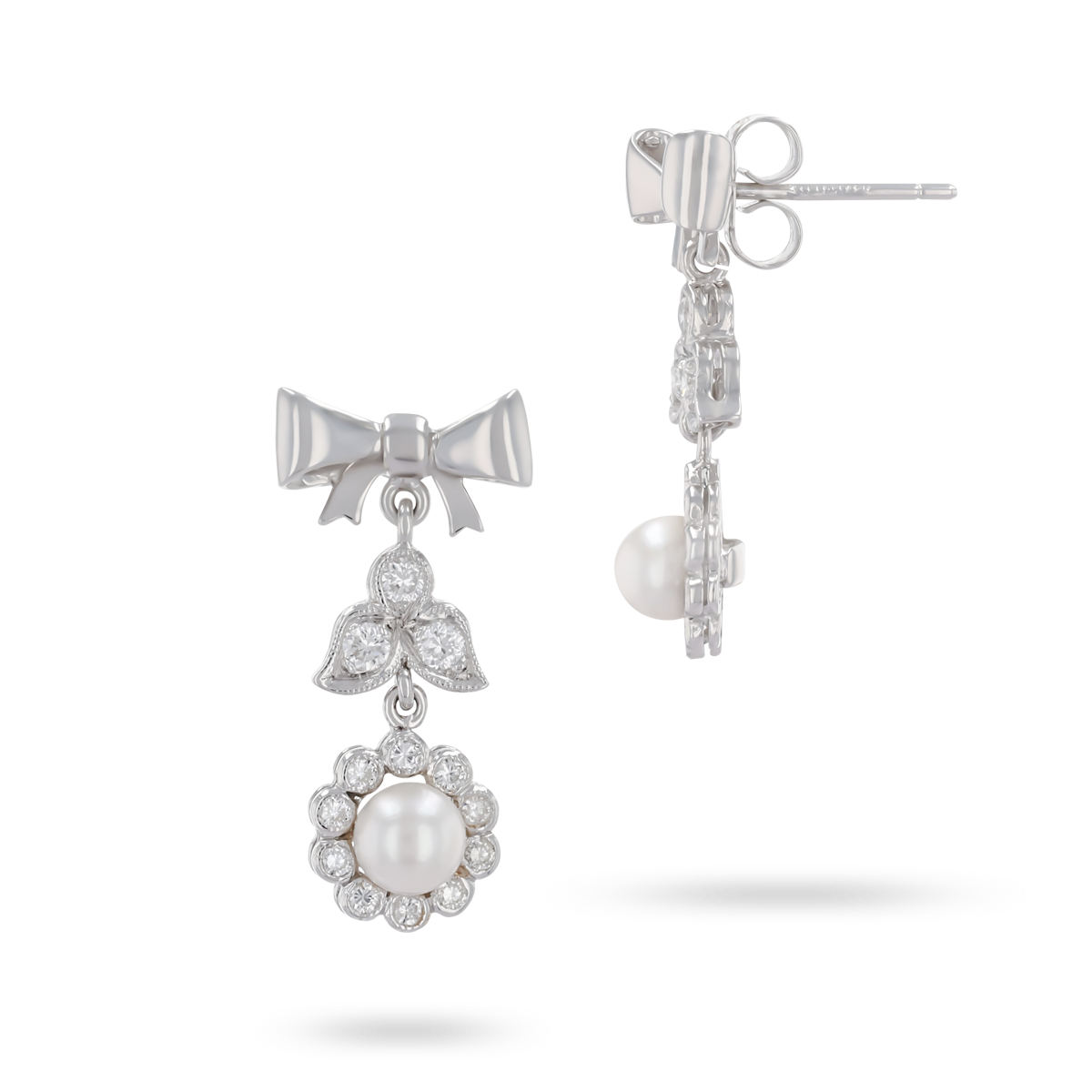 18ct White Gold Pearl & Diamond Bow Drop Earrings