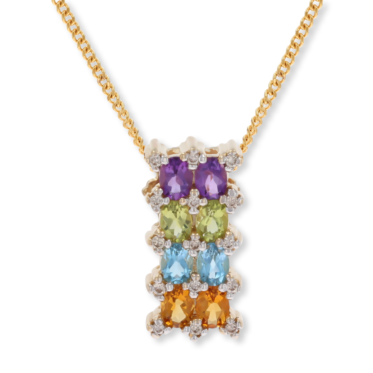 9ct Yellow Gold Multi-Stone Two Row Pendant & Chain