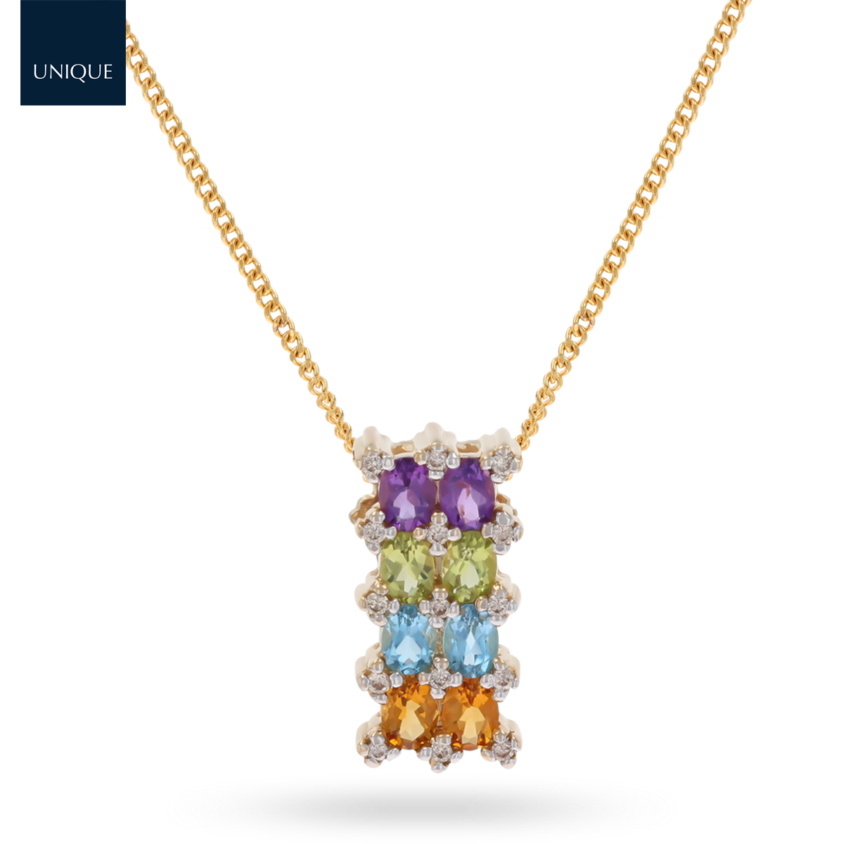 9ct Yellow Gold Multi-Stone Two Row Pendant & Chain