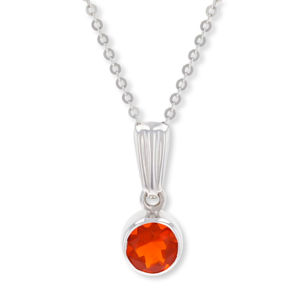 9ct White Gold Fire Opal Bezel Set Pendant & Chain
