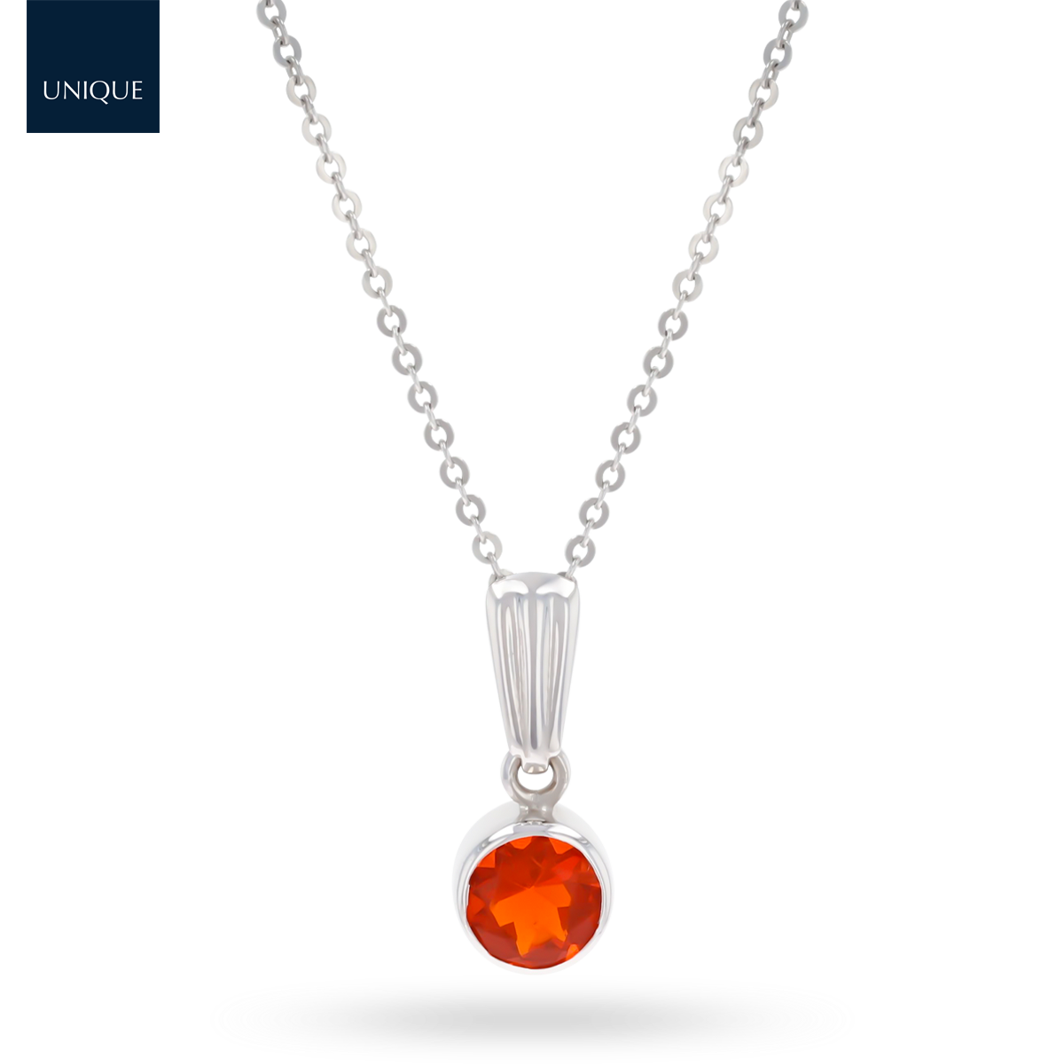 9ct White Gold Fire Opal Bezel Set Pendant & Chain