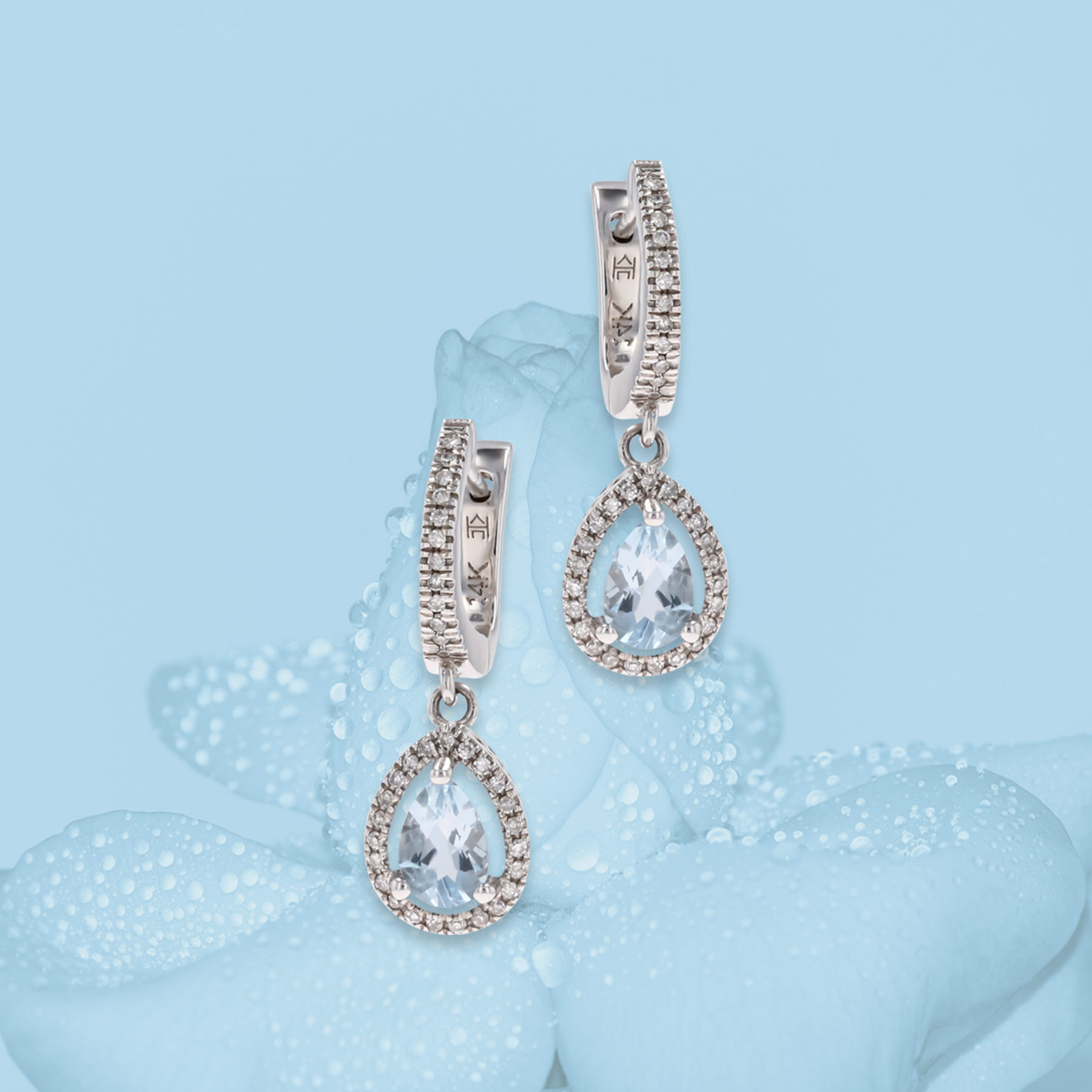 14ct White Gold Pear Shaped Aquamarine & Diamond Halo Drop Earrings