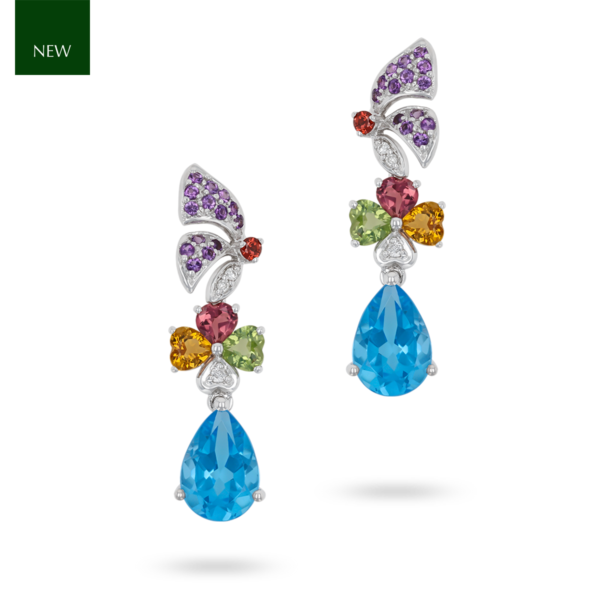 9ct White Gold Multi Gemstone Drop Earrings