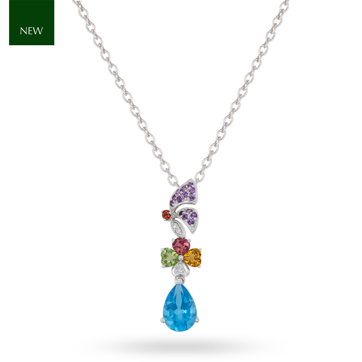 9ct White Gold Multi Gemstone Drop Pendant on Chain