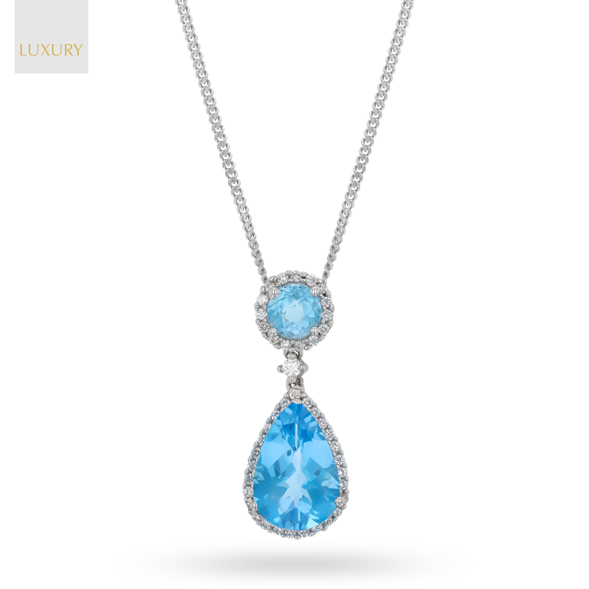 18ct White Gold Blue Topaz & Diamond Halo Drop Pendant & Chain