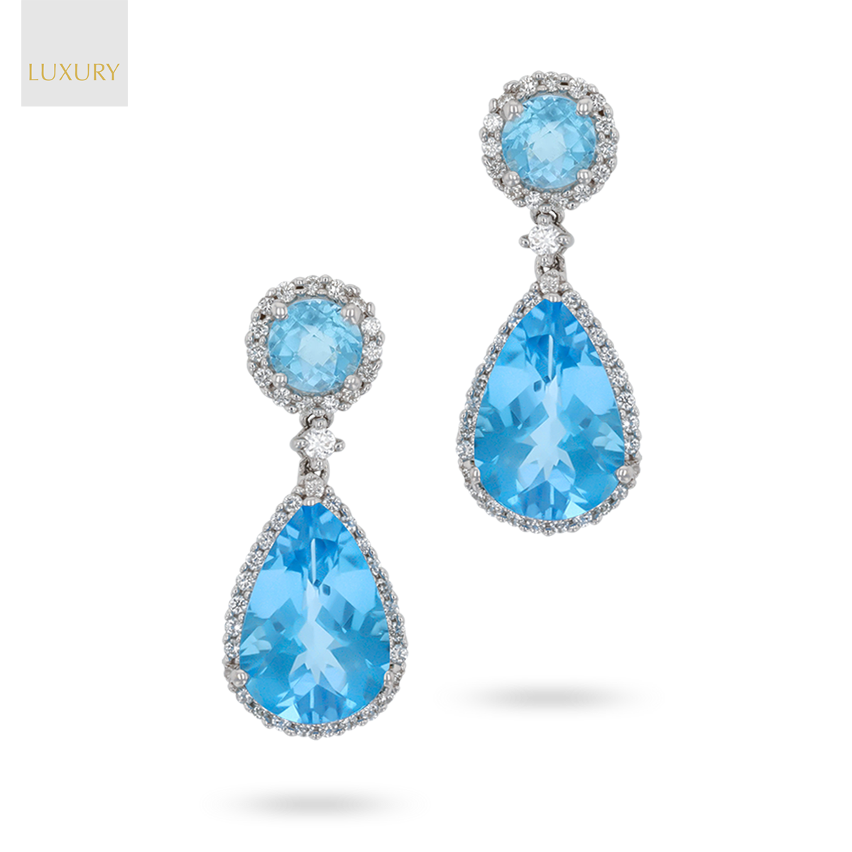18ct White Gold Blue Topaz & Diamond Halo Drop Earrings