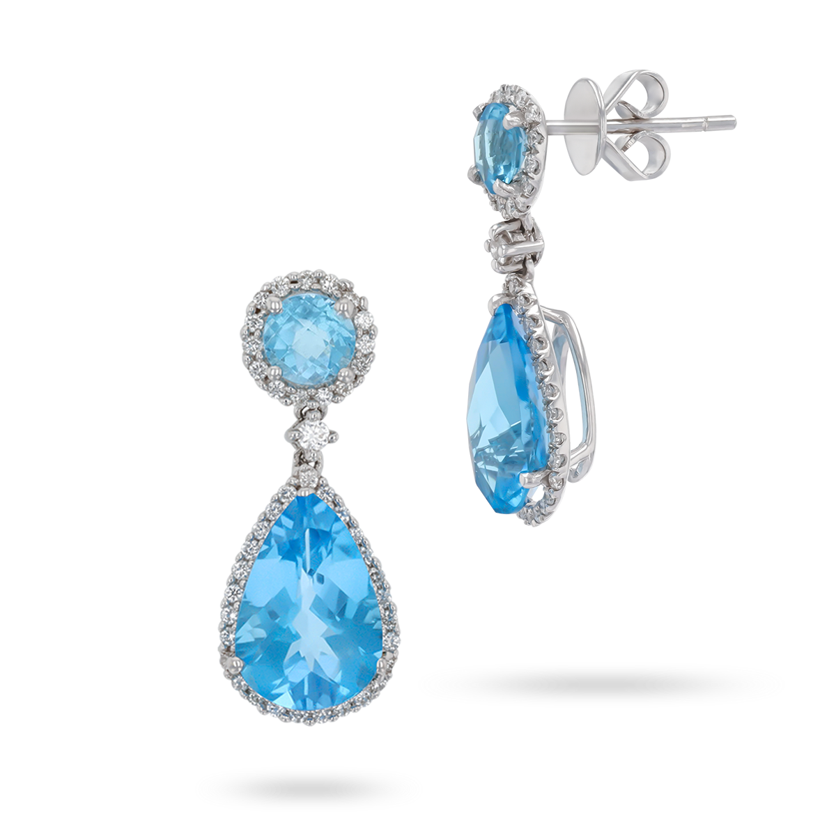 18ct White Gold Blue Topaz & Diamond Halo Drop Earrings