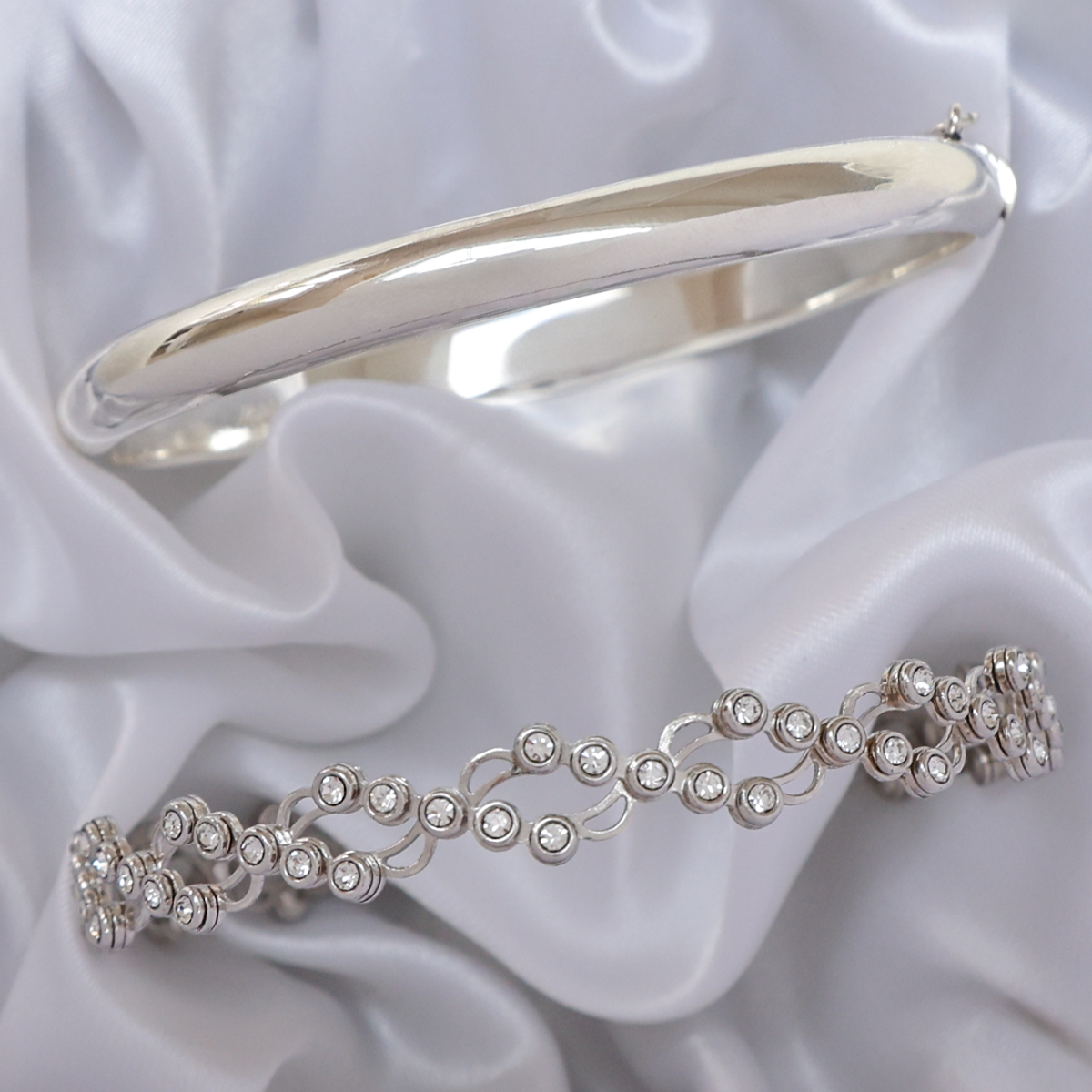 Sterling Silver Plain 7mm D Shaped Hinged Solid Bangle & Sterling Silver Cubic Zirconia Set Expandable Ring