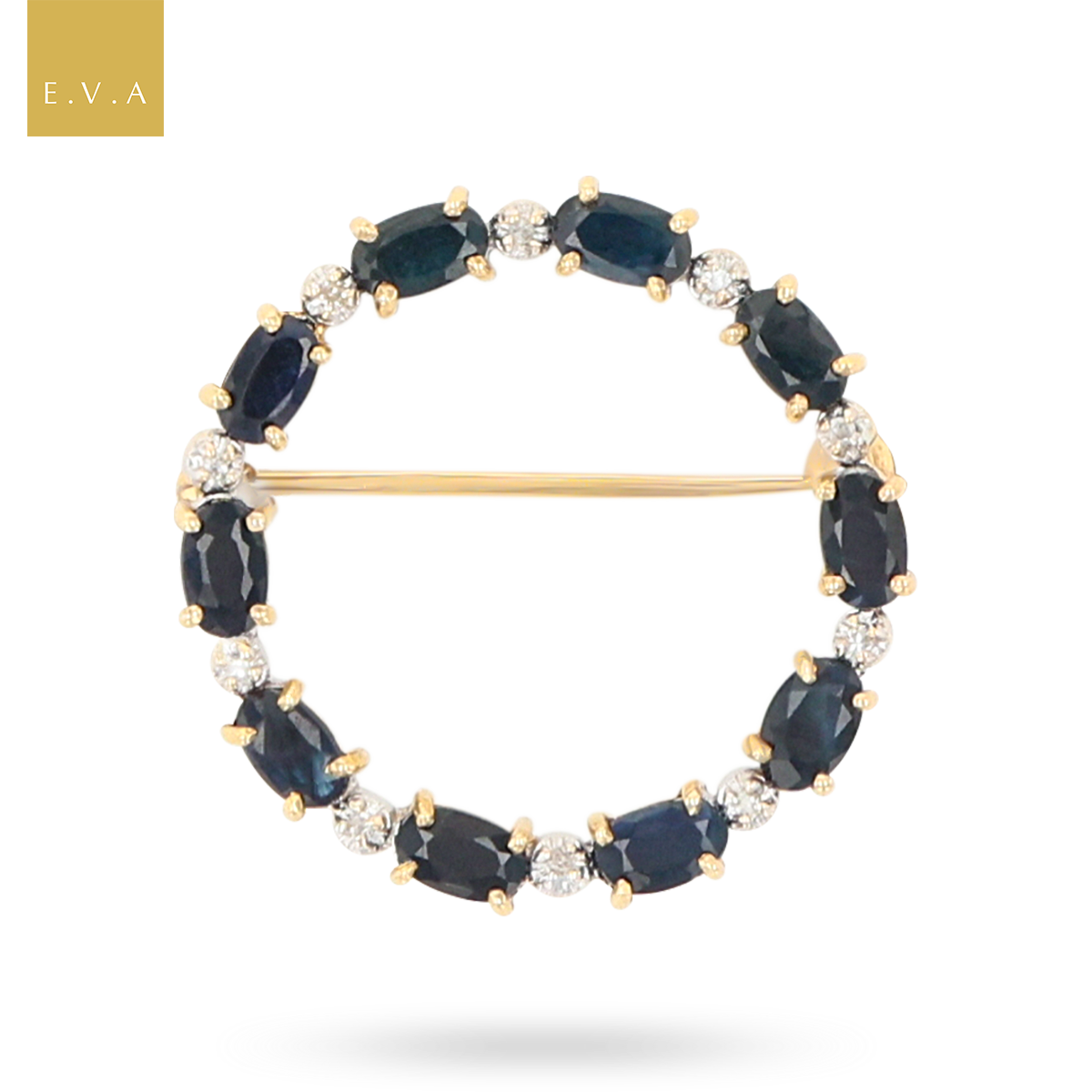 9ct Yellow Gold Sapphire & Diamond Set Circle Brooch