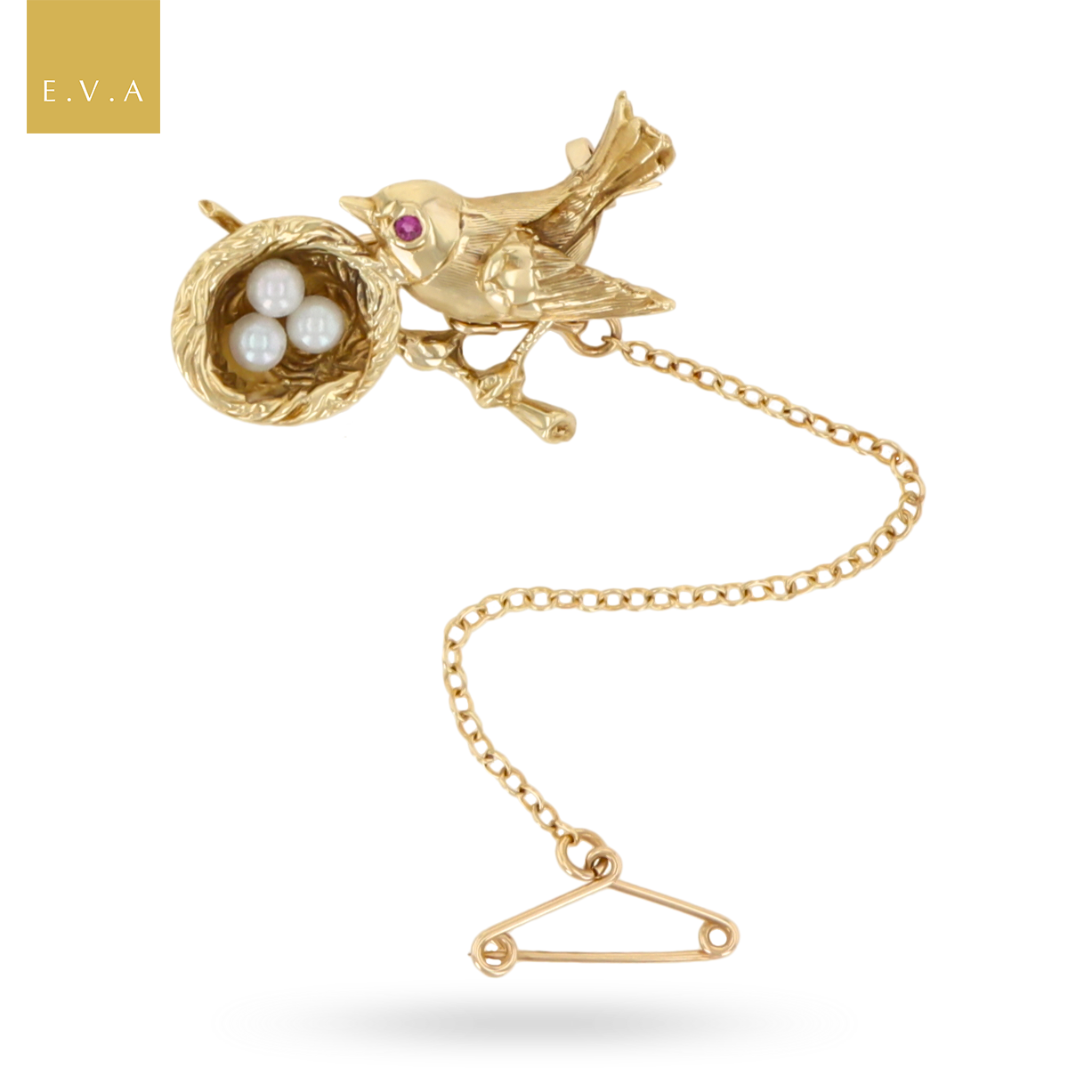 9ct Yellow Gold Bird Nest Set with Ruby & Pearls Brooch