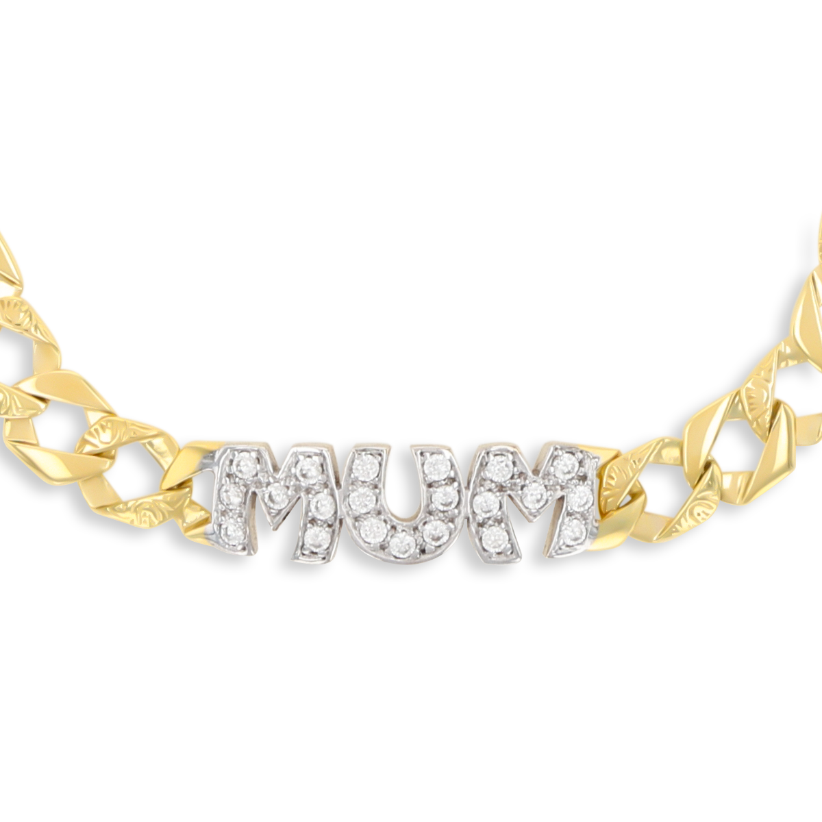 9ct Yellow Gold Cubic Zirconia MUM Plain & Engraved Curb Link Bracelet
