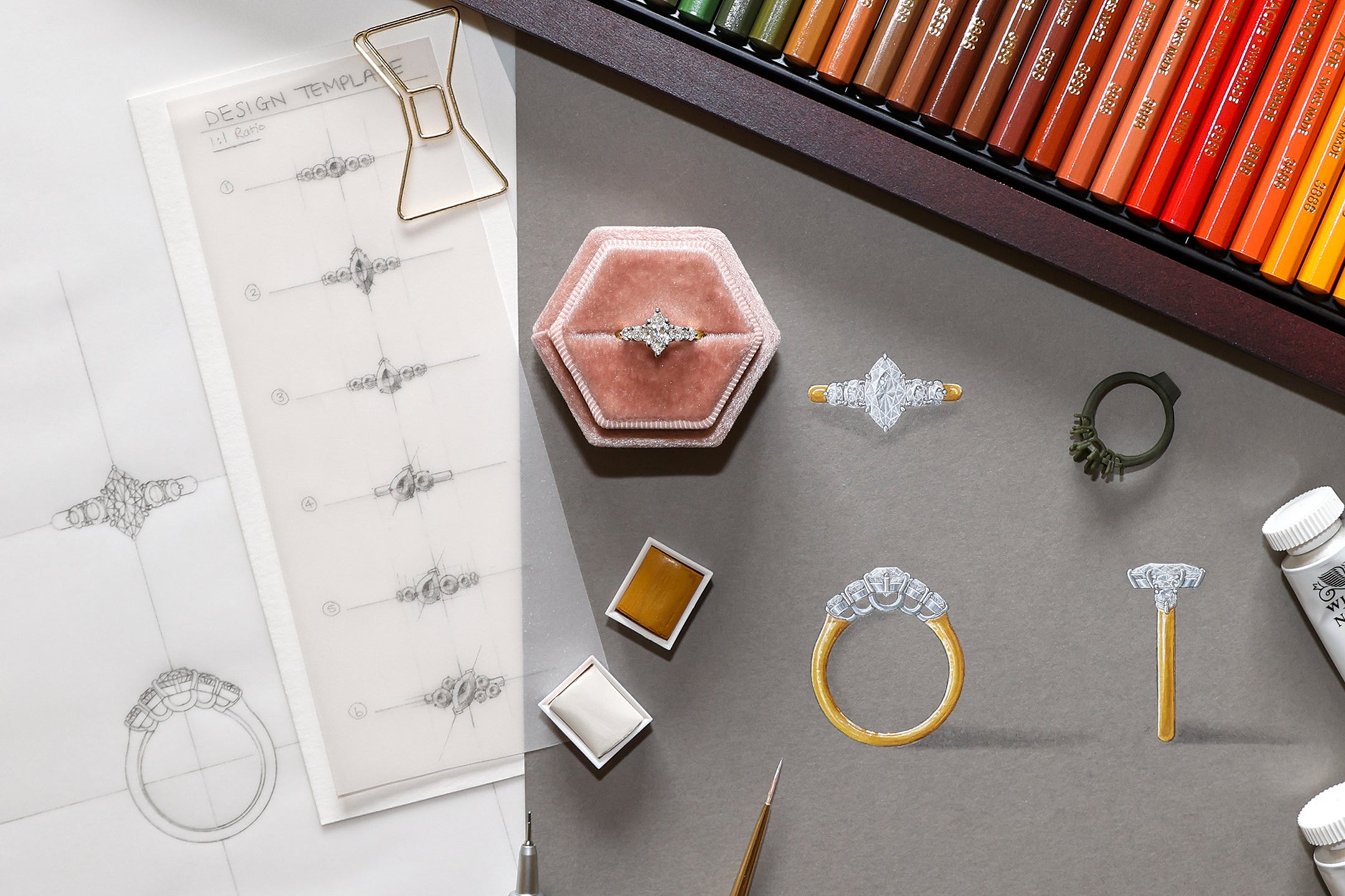 Sketch & Gouache Painting of Bespoke 18ct Yellow Gold & Platinum Marquise Diamond Five Stone Engagement Ring