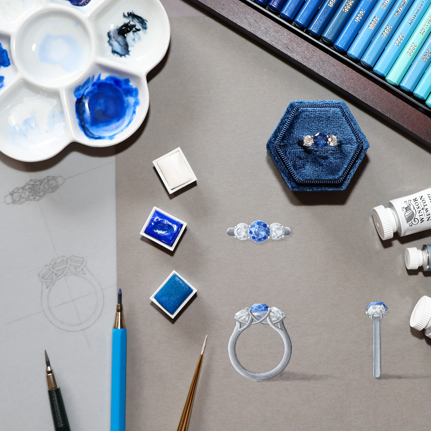 Sketch and Gouache Painting of Bespoke Sapphire and Diamond Trilogy Ring
