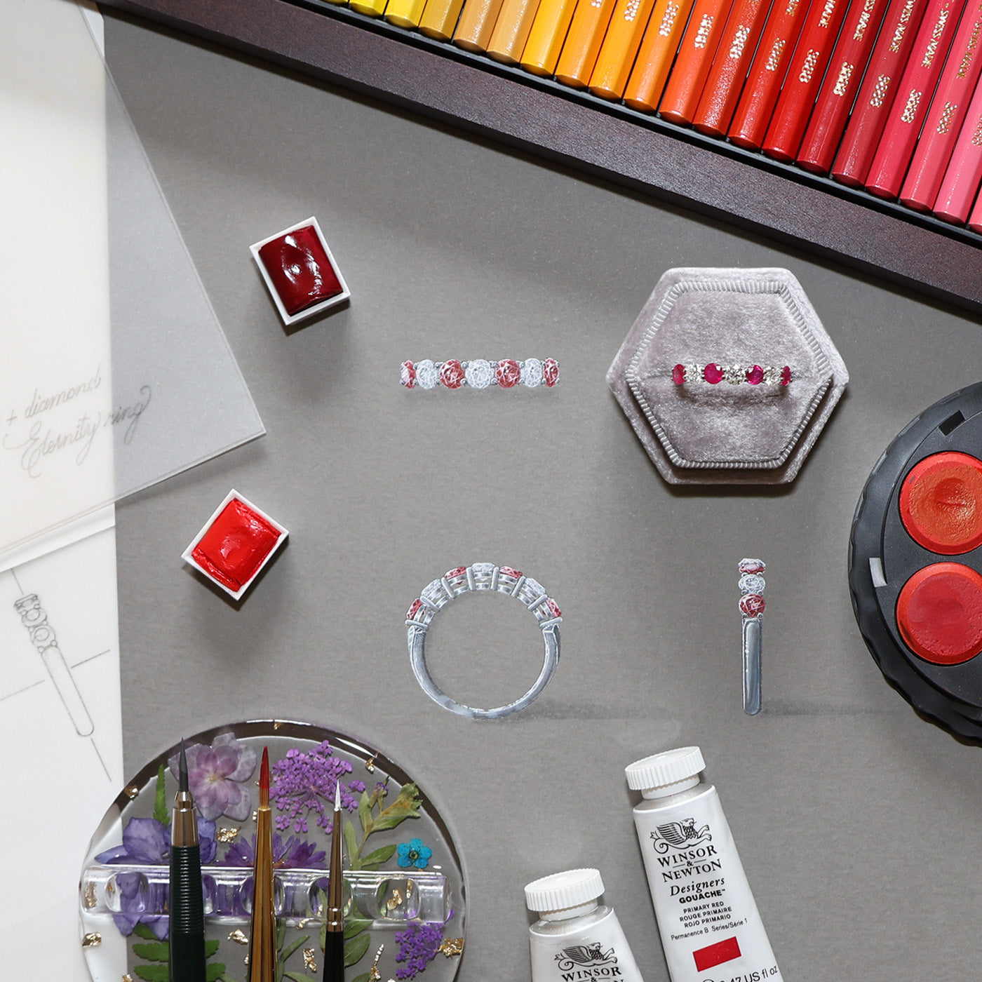 Gouache Painting & Sketch of Ruby & Diamond Half Eternity Ring