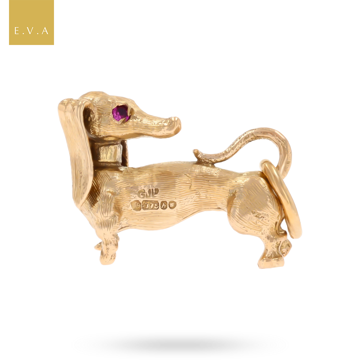 9ct Yellow Gold Dachshund Sausage Dog With Ruby Eyes Charm