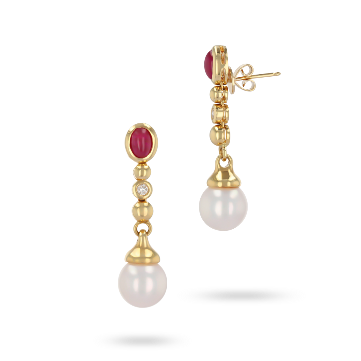 18ct Yellow Gold Ruby, Diamond & Pearl Drop Earrings