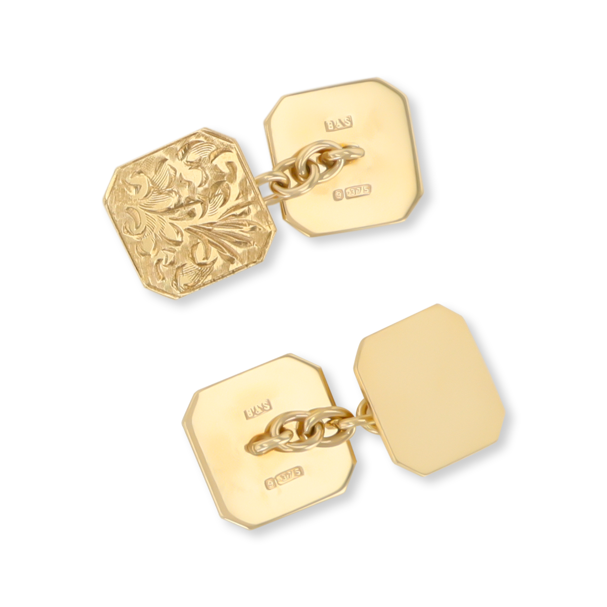 9ct Yellow Gold Plain & Foliate Scroll Engraved Octagonal Cufflinks