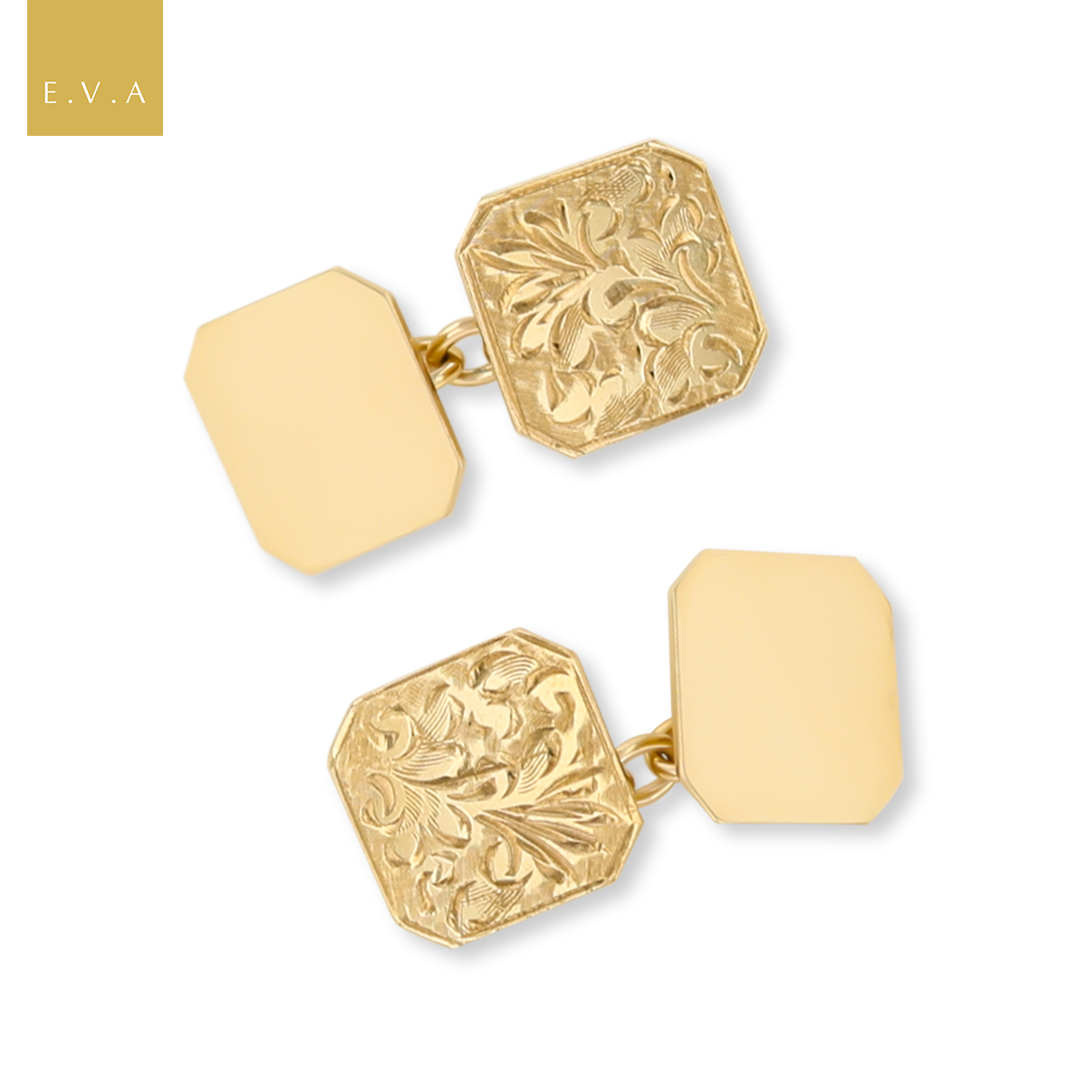 9ct Yellow Gold Plain & Foliate Scroll Engraved Octagonal Cufflinks