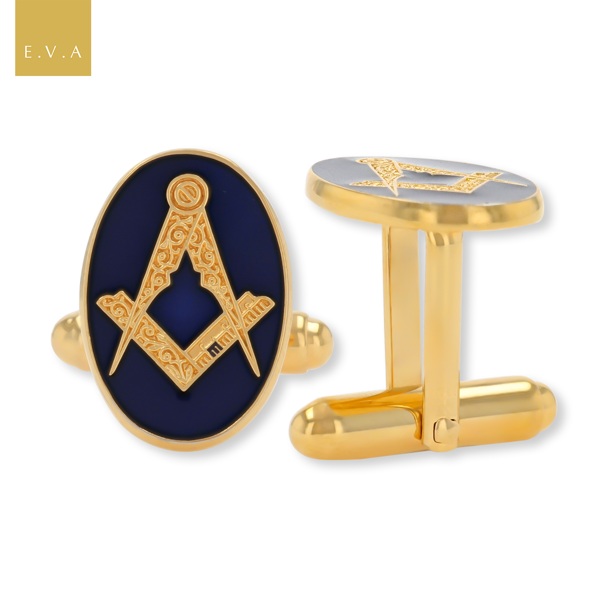 Gold Plated Oval Masonic Cufflinks with Blue Enamel