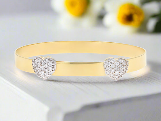 9ct Yellow Gold Double Cubic Zirconia Heart Expandable Baby Bangle