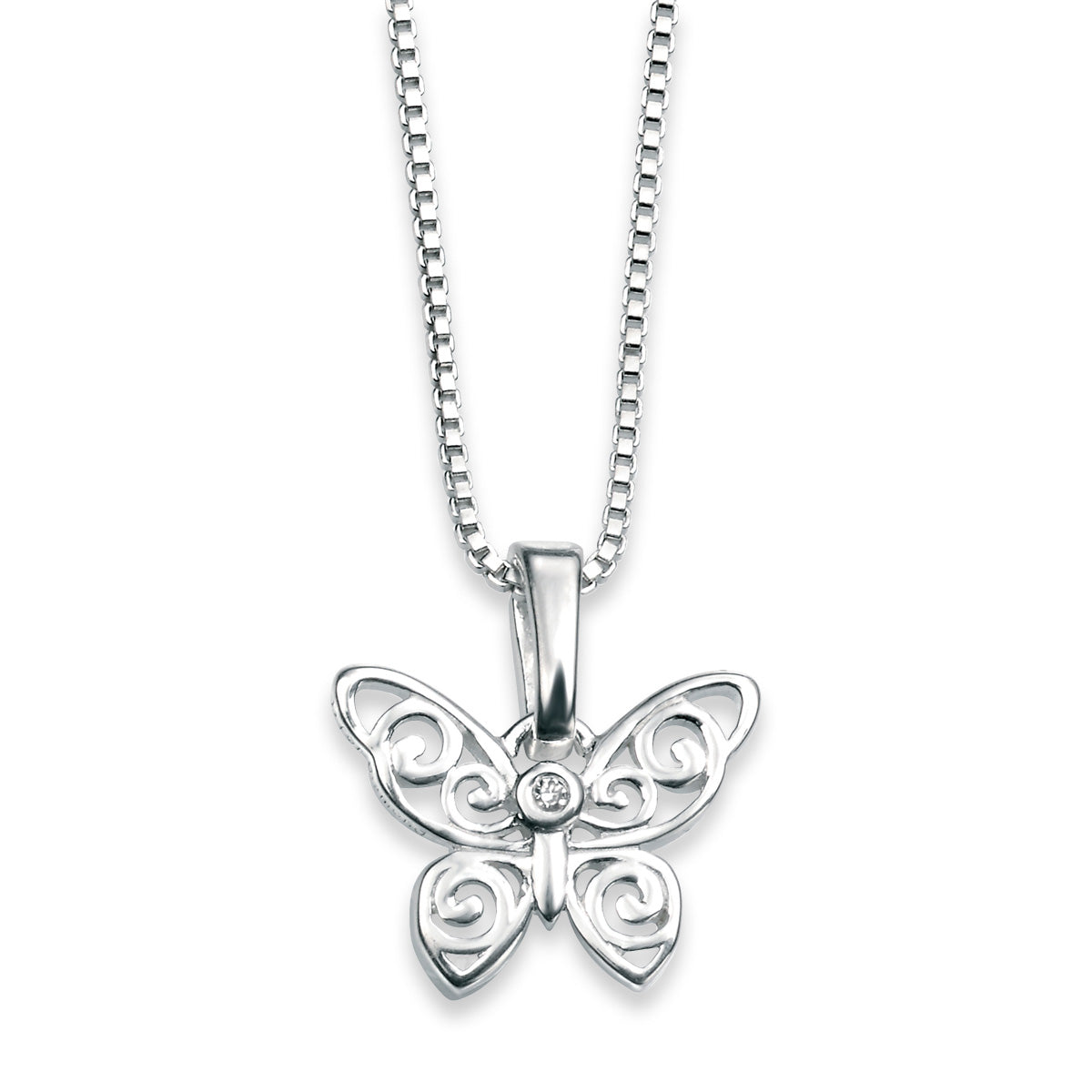 Sterling Silver Diamond Filigree Butterfly Pendant With Chain