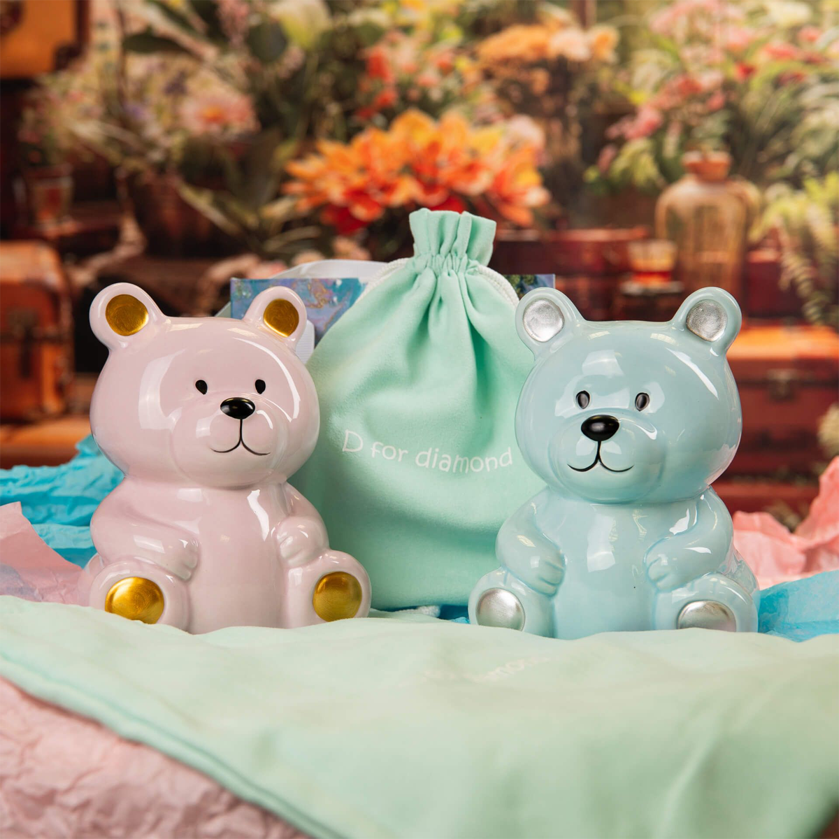 Ceramic Pink & Blue Teddy Money Box