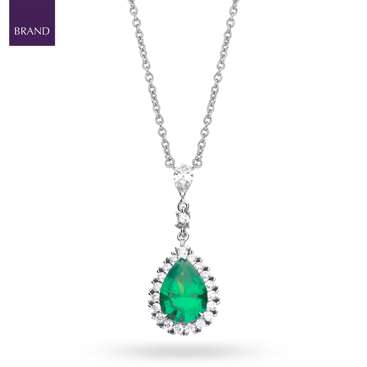 Sterling Silver Green Cubic Zirconia Teardrop with Pave Surround Necklace