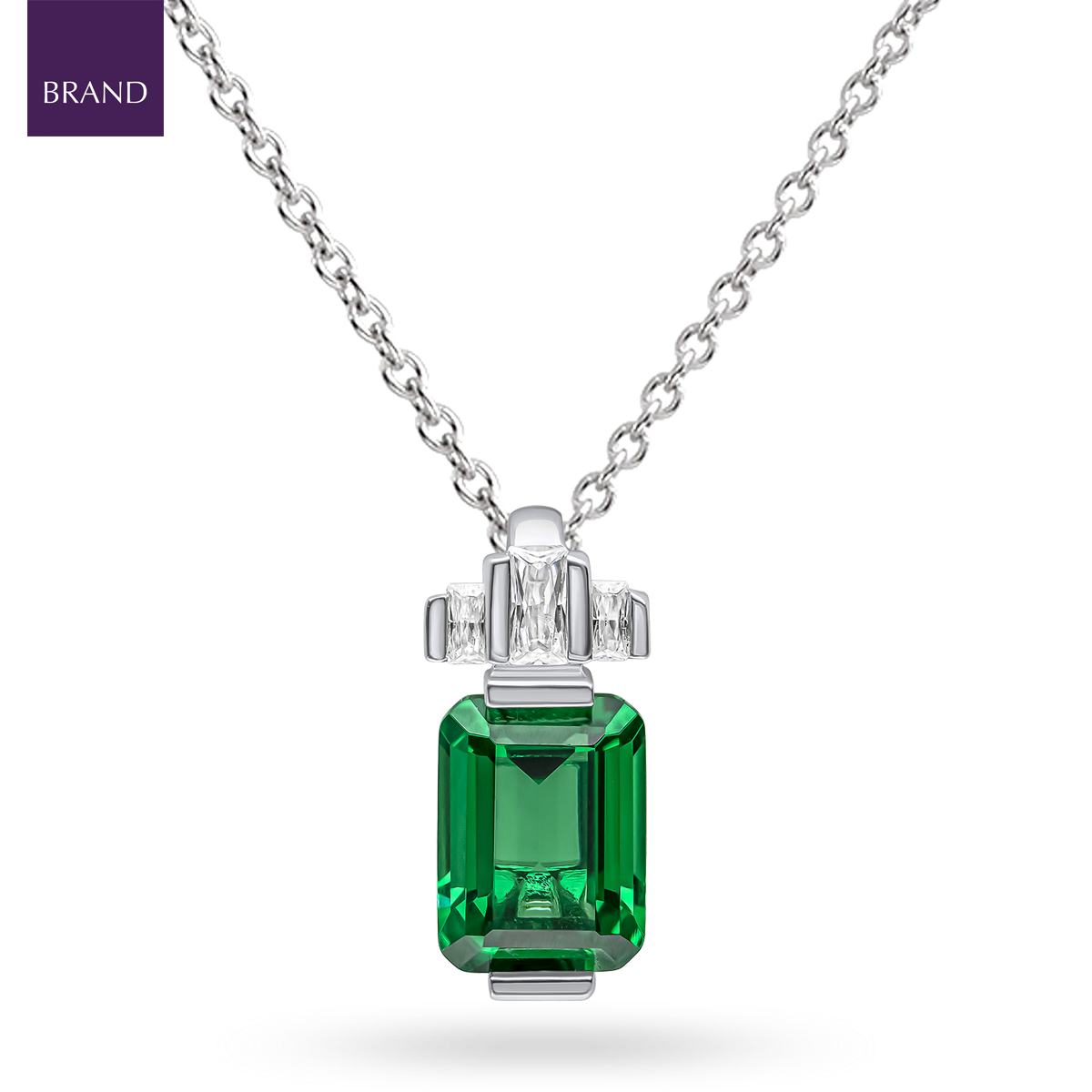Sterling Silver Emerald Cut Green Cubic Zirconia Drop Pendant & Chain