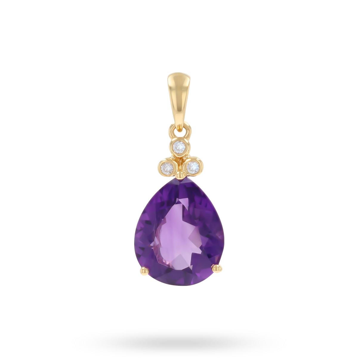 9ct Yellow Gold Pear Shaped Amethyst & Diamond Trefoil Pendant