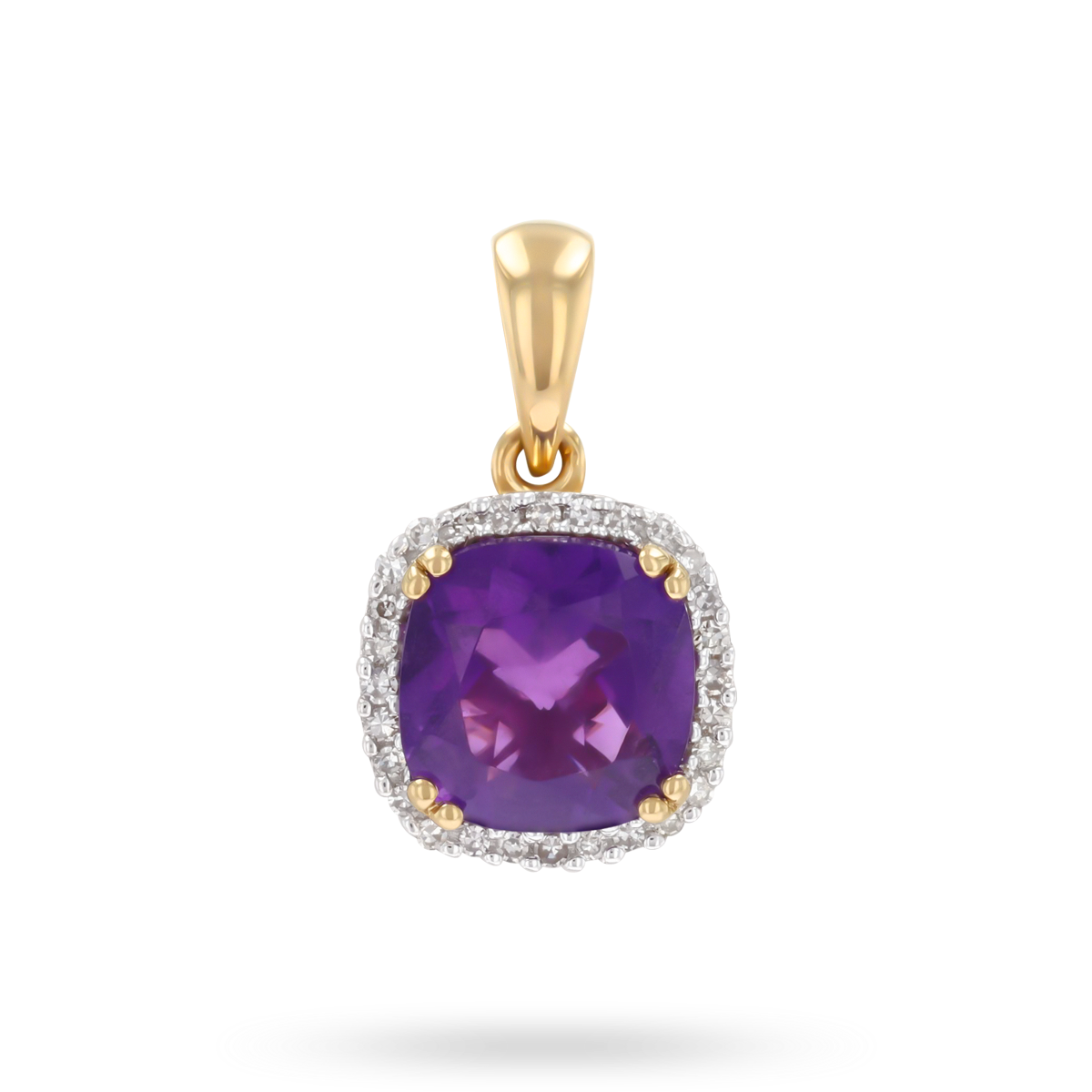 9ct Yellow Gold Cushion Shaped Amethyst & Diamond Halo Pendant