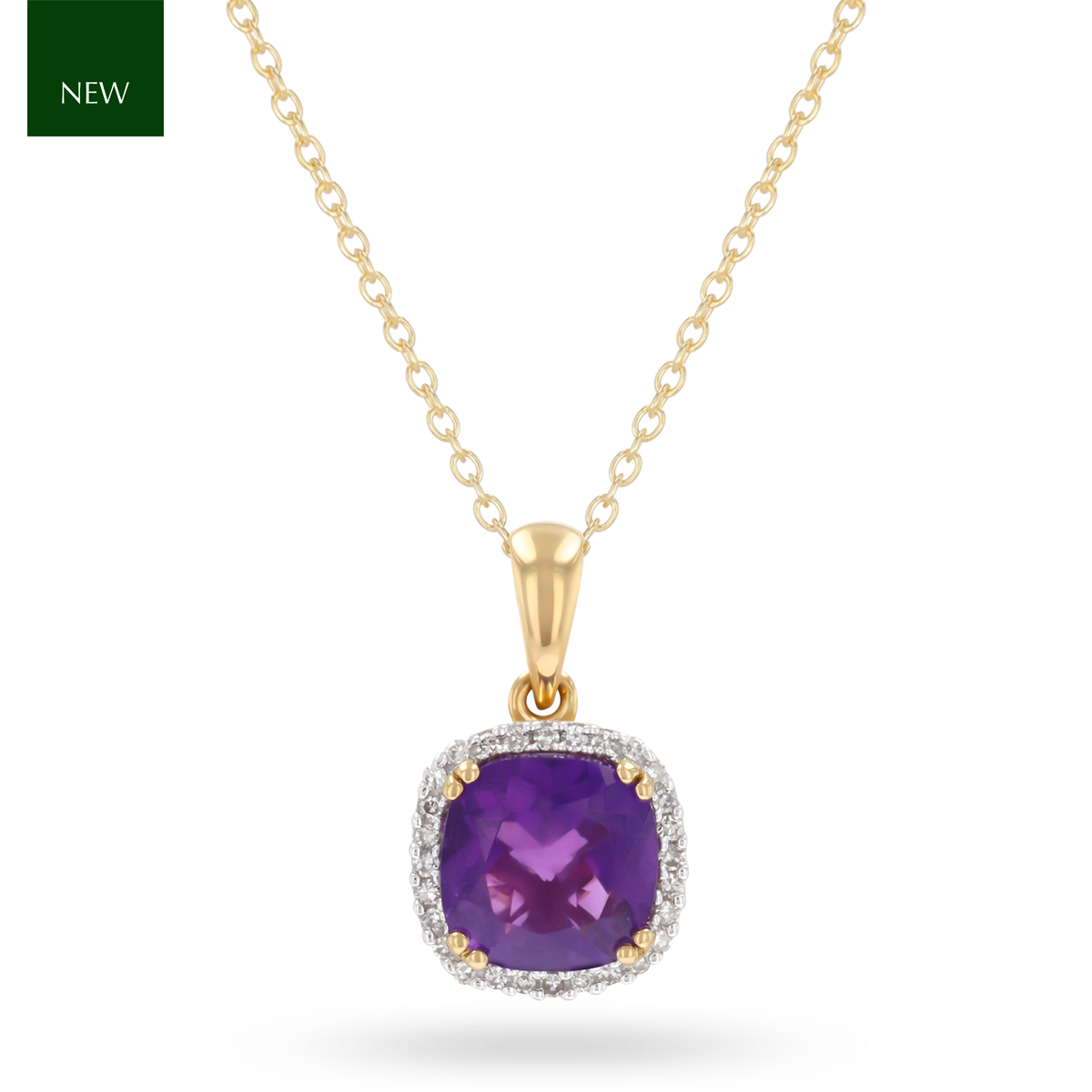 9ct Yellow Gold Cushion Shaped Amethyst & Diamond Halo Pendant