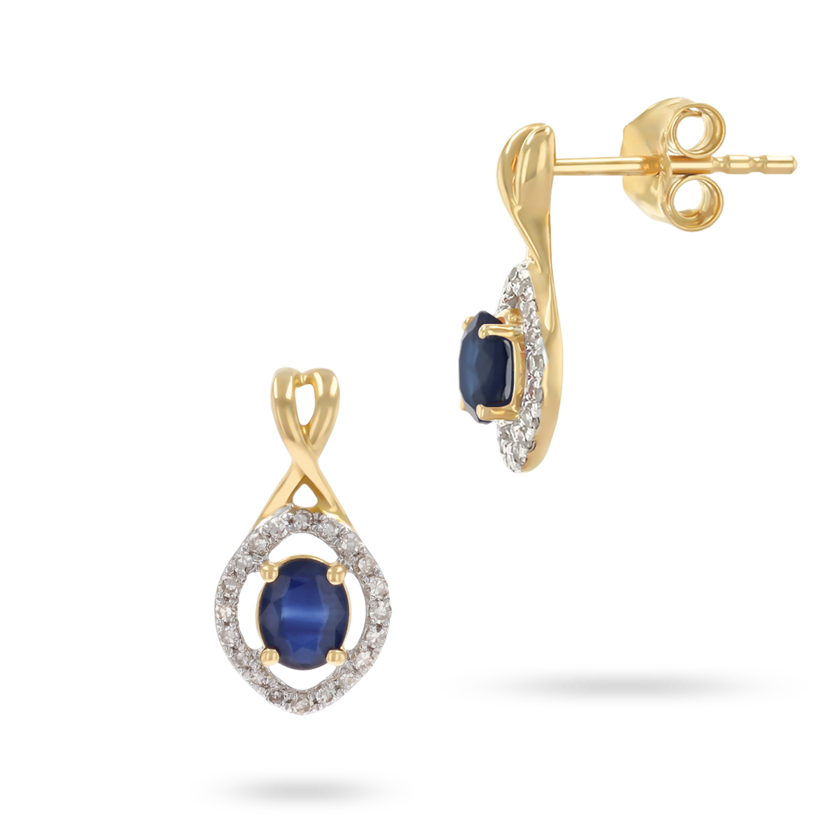 9ct Yellow Gold Kiss Sapphire & Diamond Halo Drop Earrings