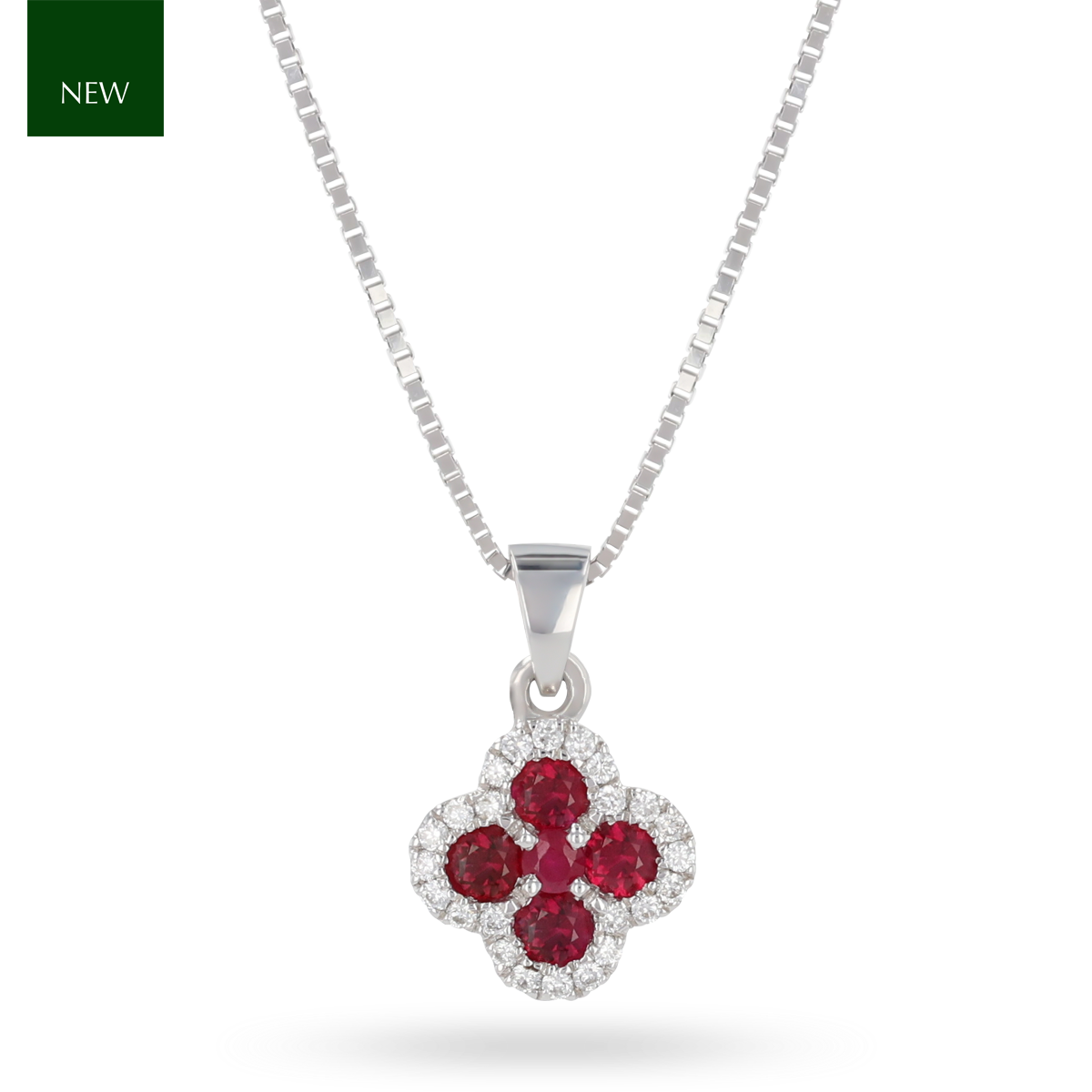 9ct White Gold Ruby & Diamond Quatrefoil Pendant & Chain