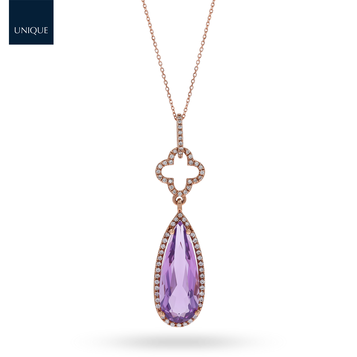 9ct Rose Gold Pear Shaped Amethyst & Diamond Halo Pendant & Chain