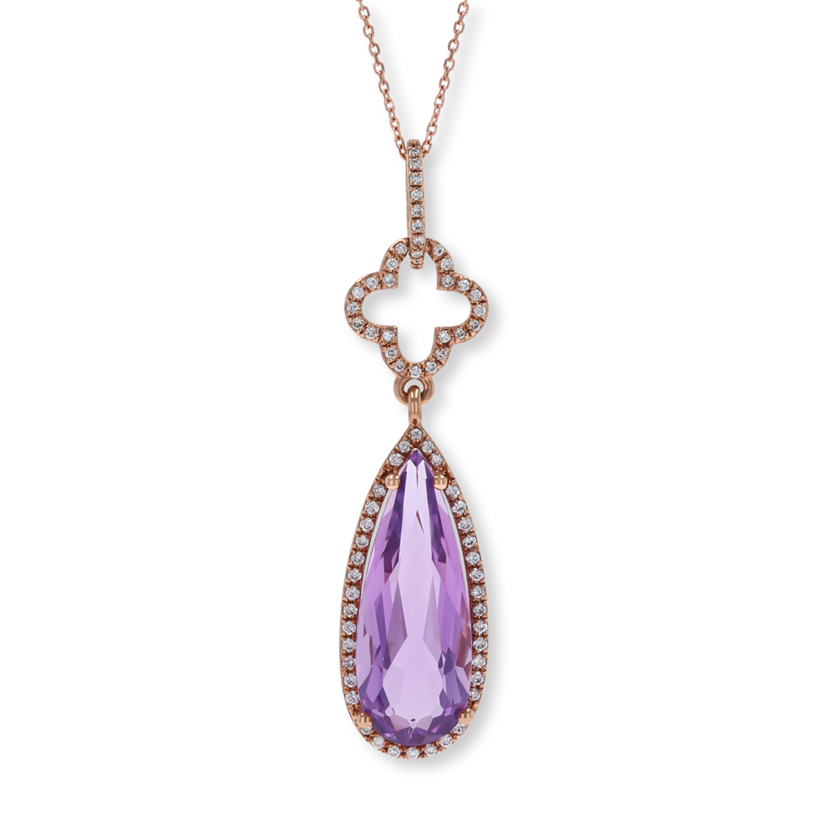 9ct Rose Gold Pear Shaped Amethyst & Diamond Halo Pendant & Chain