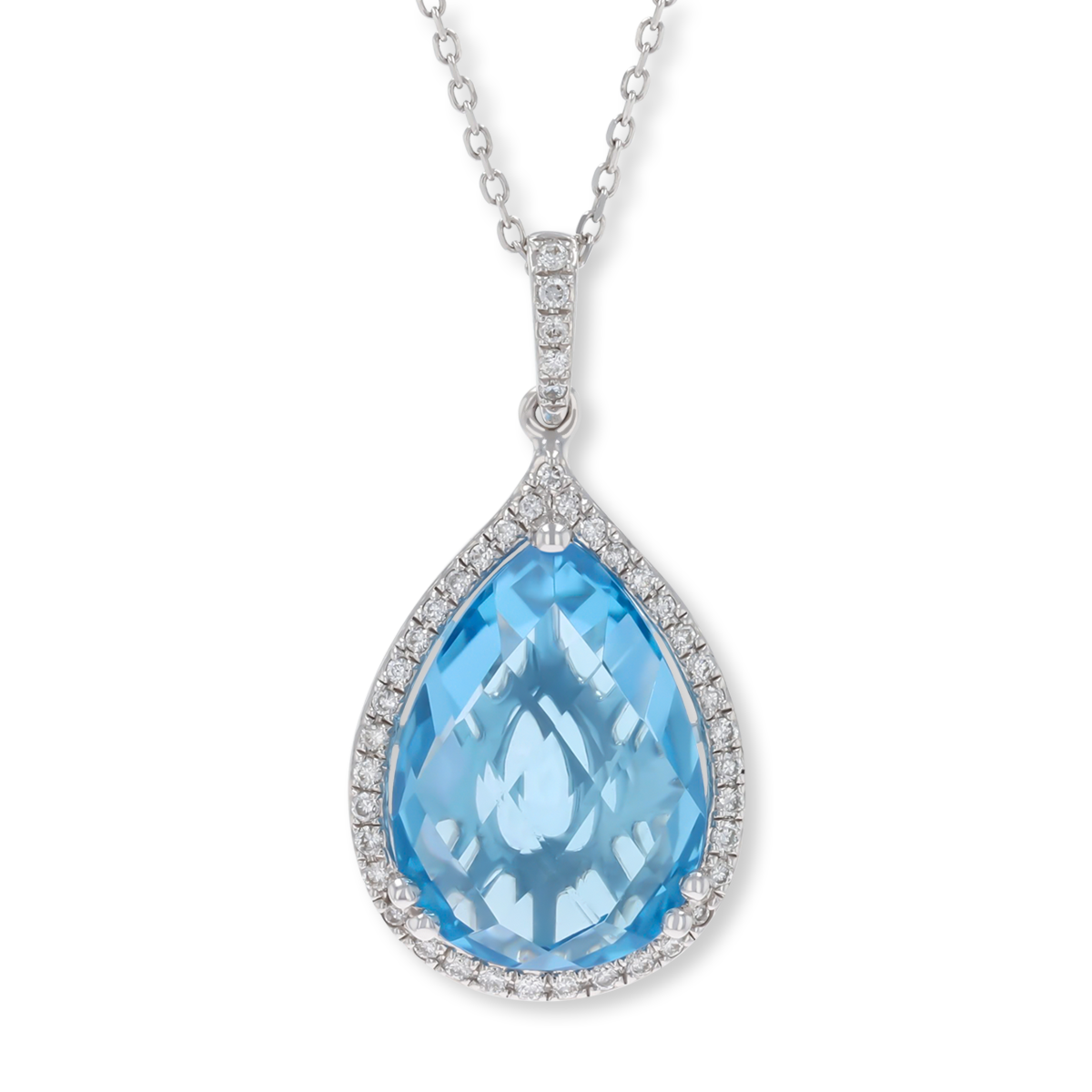 9ct White Gold Pear Shaped Blue Topaz & Diamond Halo Pendant & Chain