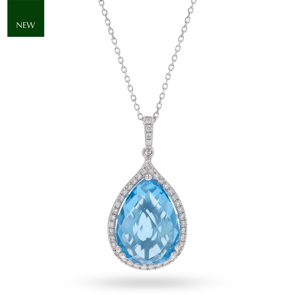 9ct White Gold Pear Shaped Blue Topaz & Diamond Halo Pendant & Chain