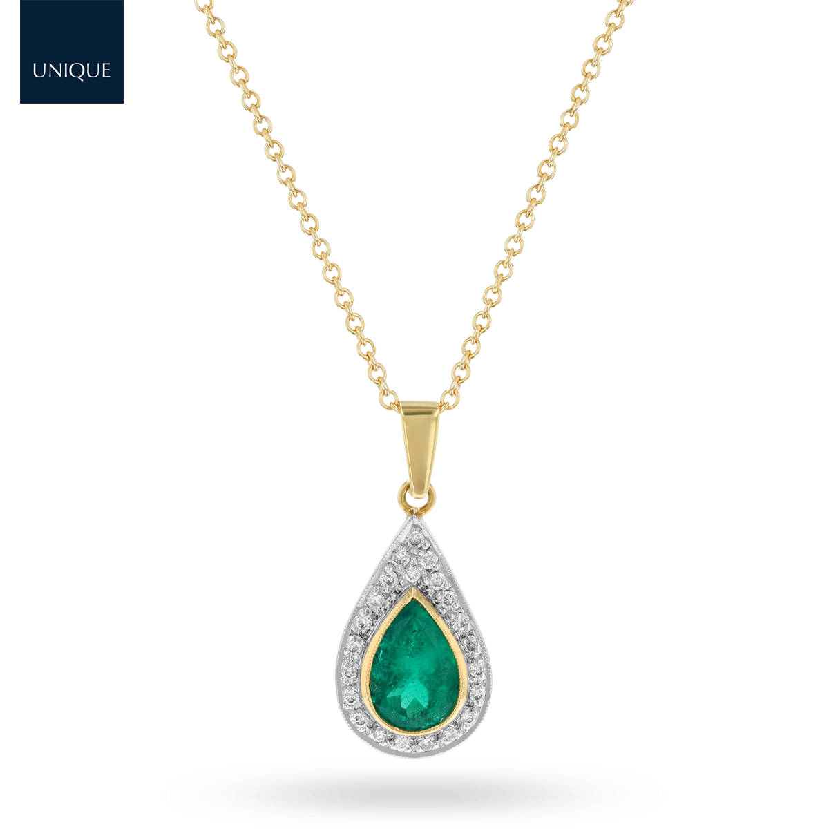 18ct Yellow Gold Emerald & Diamond Teardrop Cluster Pendant & Chain