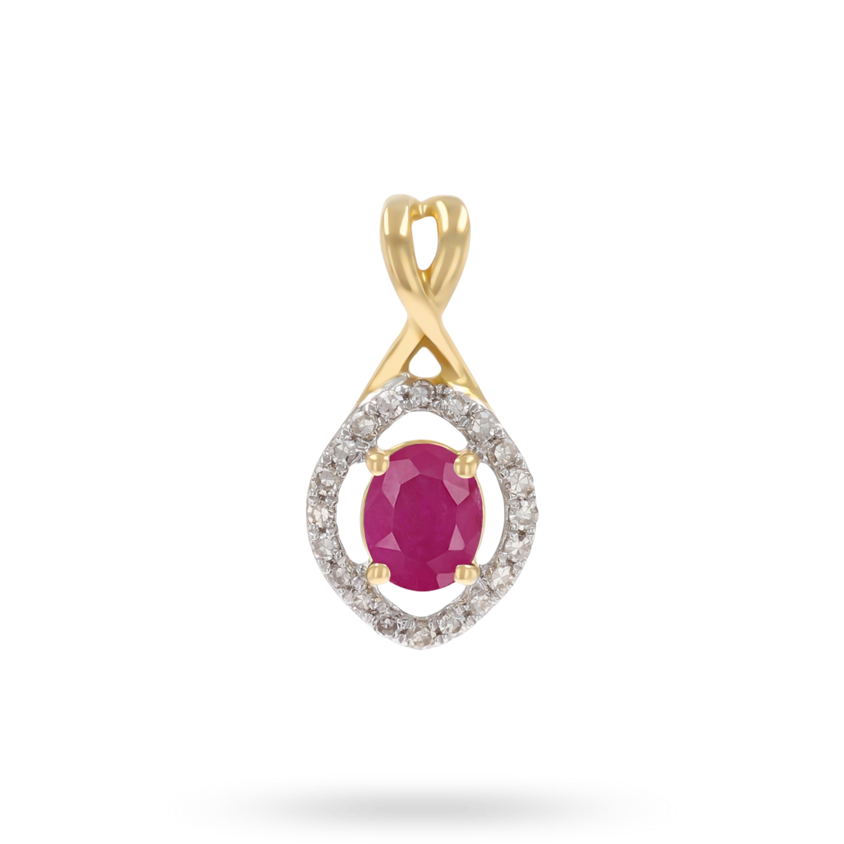 9ct Yellow Gold Kiss Ruby & Diamond Halo Drop Pendant