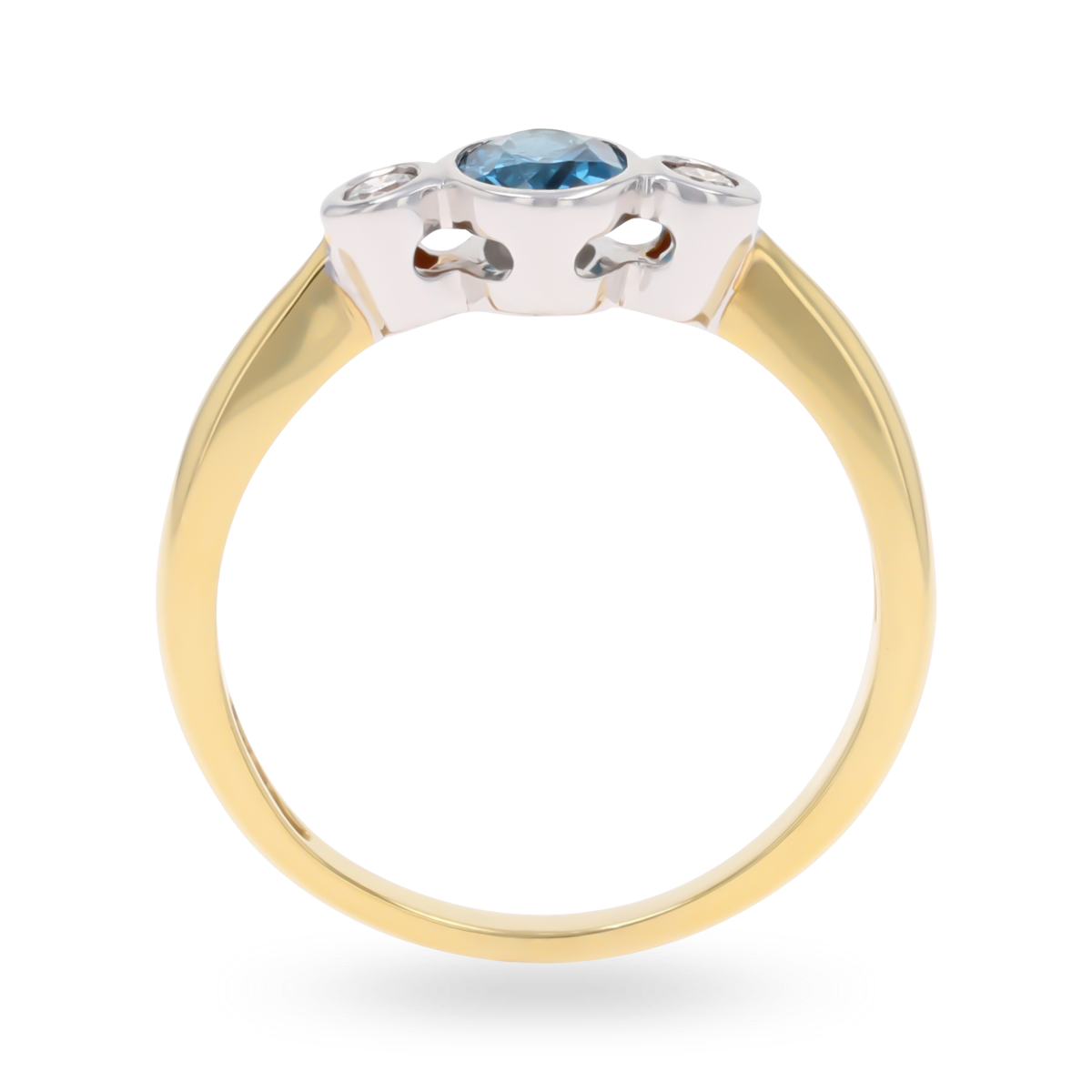 18ct Yellow Gold Blue Topaz & Diamond Bezel Set Trilogy Ring