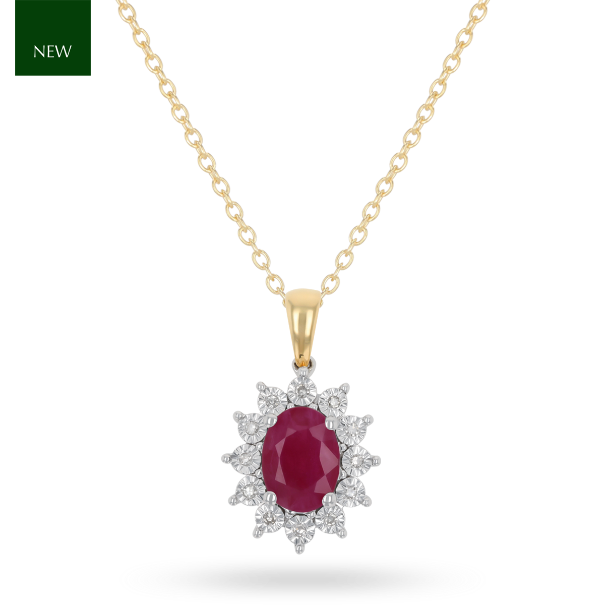 9ct White Gold Oval Shaped Ruby & Diamond Cluster Pendant