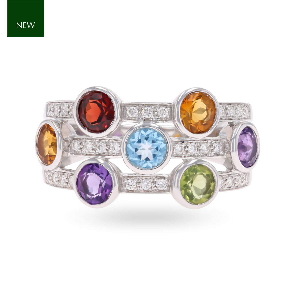 9ct White Gold Multi Gemstone & Diamond Bubble Ring